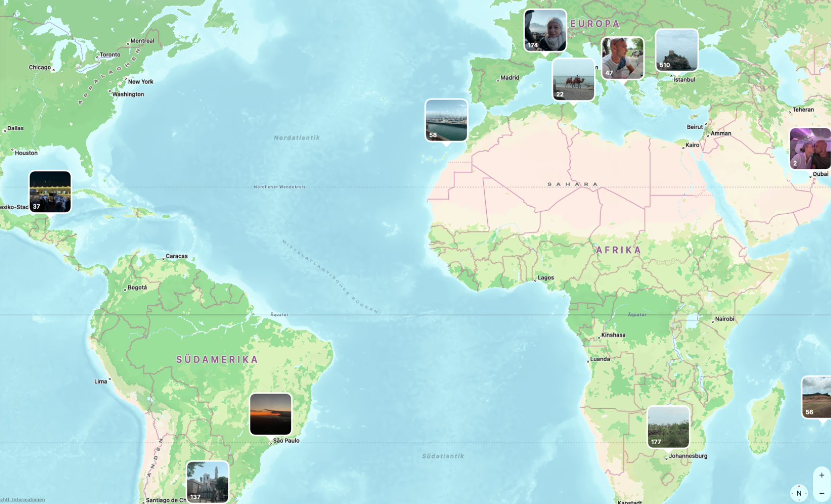 Unsere Slow Travel Stops markiert auf einer Weltkarte